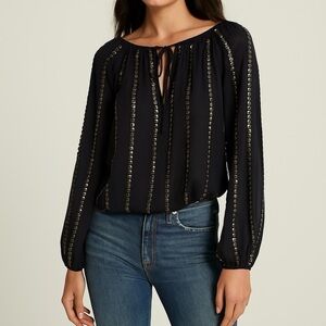 L’AGENCE 100% silk sequin blouse black size 4 semi sheer flowy neck tie